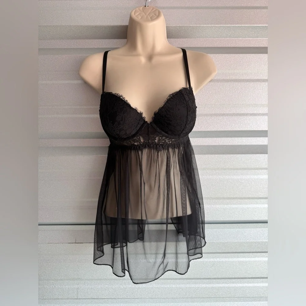 Women’s Victoria’s Secret Sexy Black Lace Lingerie Babydoll Sheer Top Size 34C - Picture 1 of 8